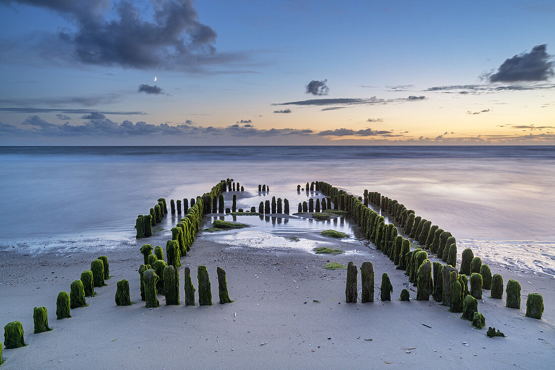 Holzbuhnen am Strand von Rantum, Insel Sylt, Nordfriesland, Schleswig-Holstein, Norddeutschland, Deutschland, Europa