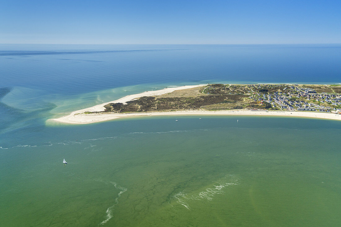 Flight over the southern end of the North Frisian Island Sylt with the village Hörnum, North Sea, Schleswig-Holstein, Northern Germany, Germany, Europe