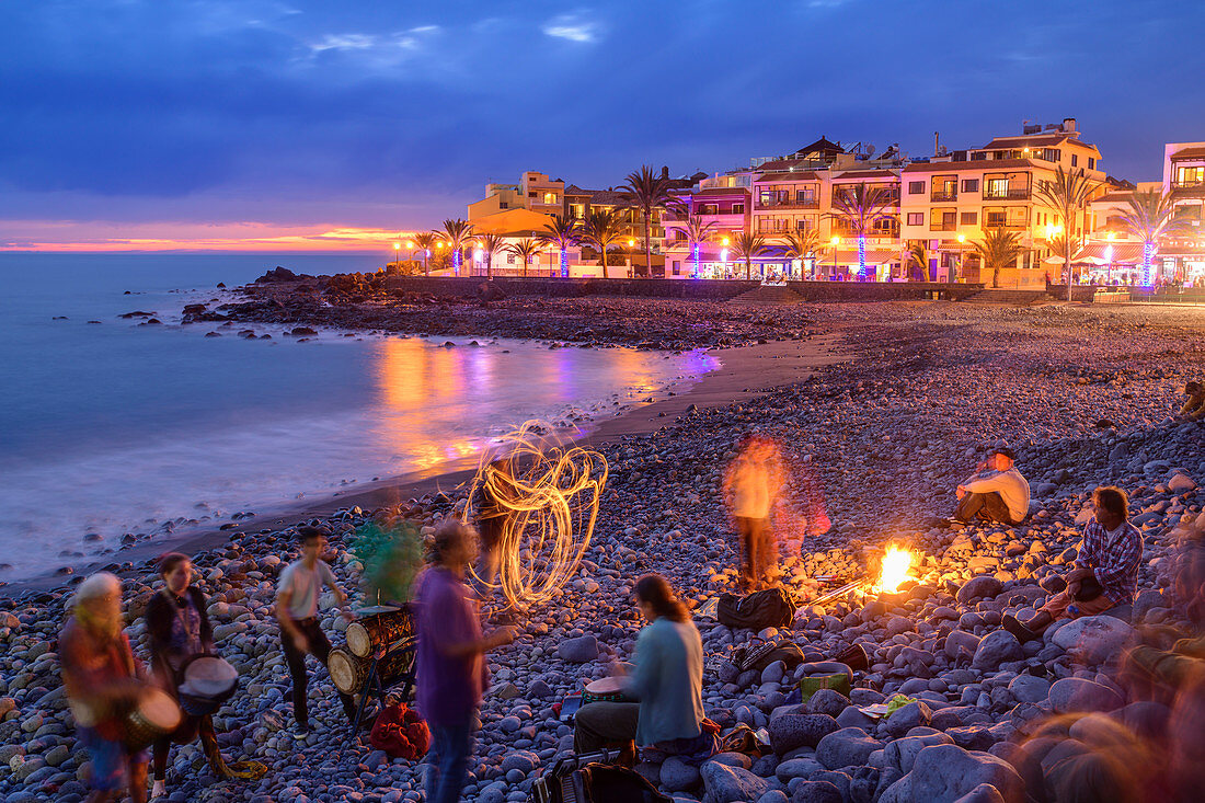Drummers and fire-eaters at beach of La Playa at night, Valle Gran Rey, La Gomera, Canary Islands, Canaries, Spain