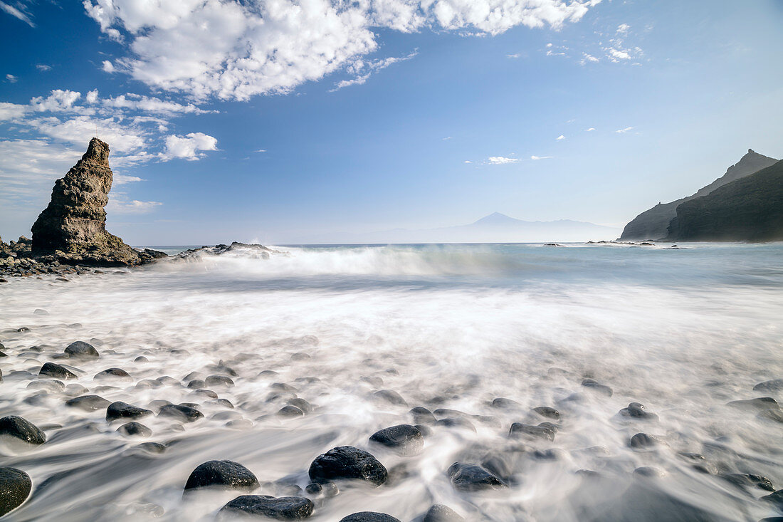 Breaking of waves at beach of Playa de la Caleta, Hermigua, La Gomera, Canary Islands, Canaries, Spain