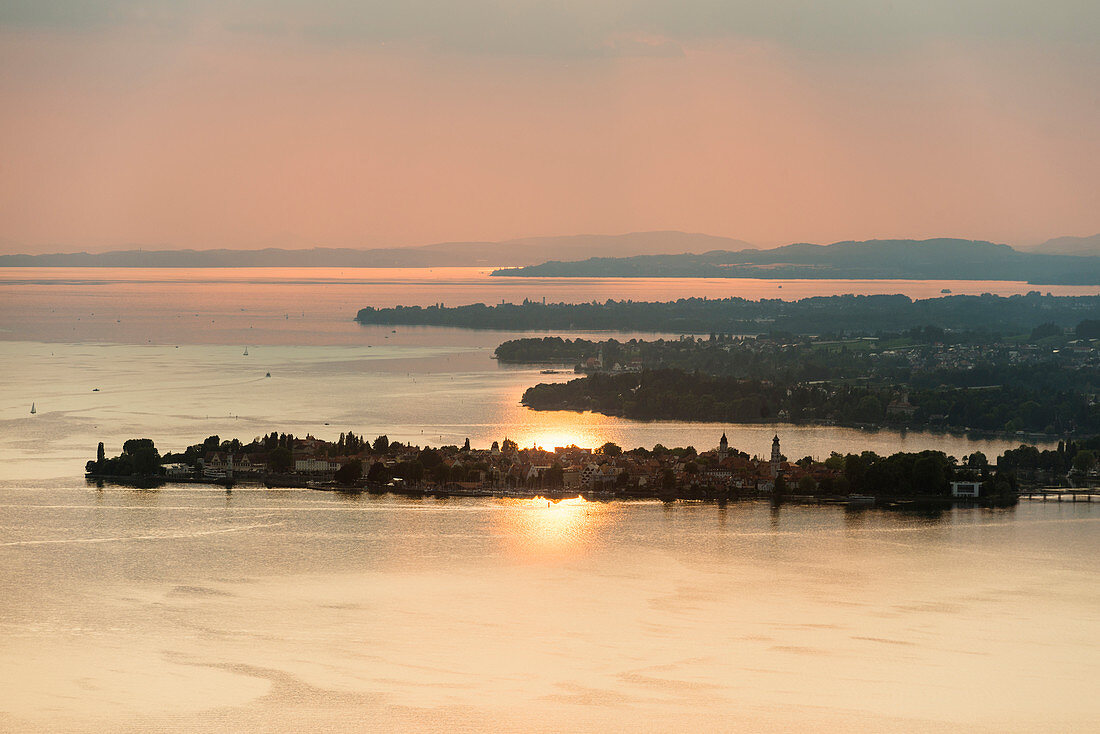 View over Lindau and Lake Constance from Pfaender Mountain at sunset, Bregenz, Vorarlberg, Austria