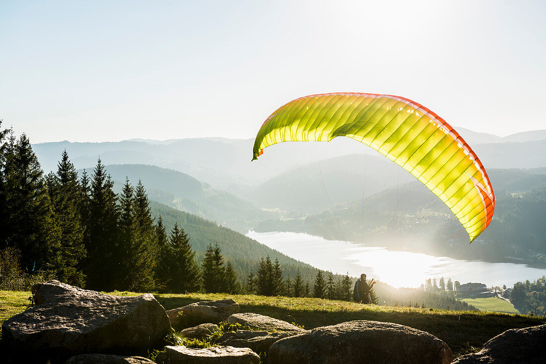 View from Hochfirst to Lake Titisee and Feldberg mountain, near Neustadt, Black Forest, Baden-Württemberg, Germany