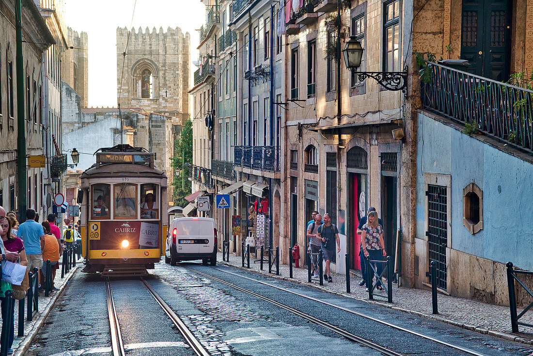 Tram number 28 on the Rua do Paraiso from the Cathedral to the Alfama, Lisbon, Portugal
