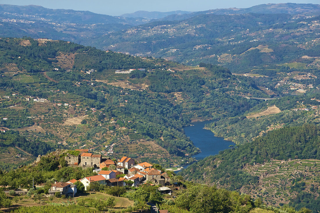 Dorf auf einem Berg mit Blick über den Douro mit Wald und Weinbergen, Nordportugal, Portugal