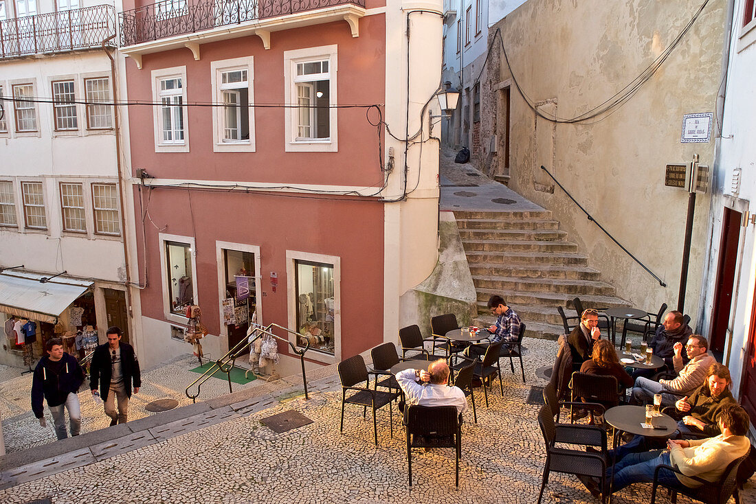 Terrace between stairs with bar in the old town, Coimbra, Beira, Central Portugal, Portugal