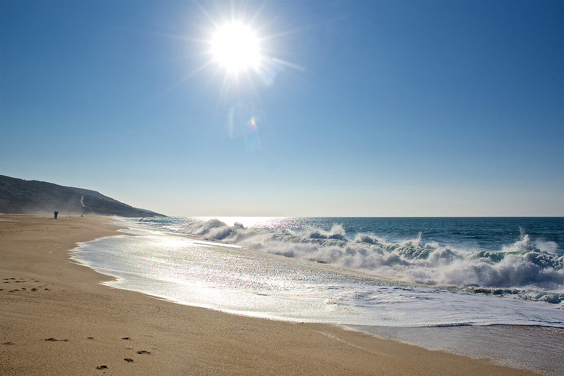 Further sandy beach with surf at Nazaré, Estremadura, Central Portugal, Portugal