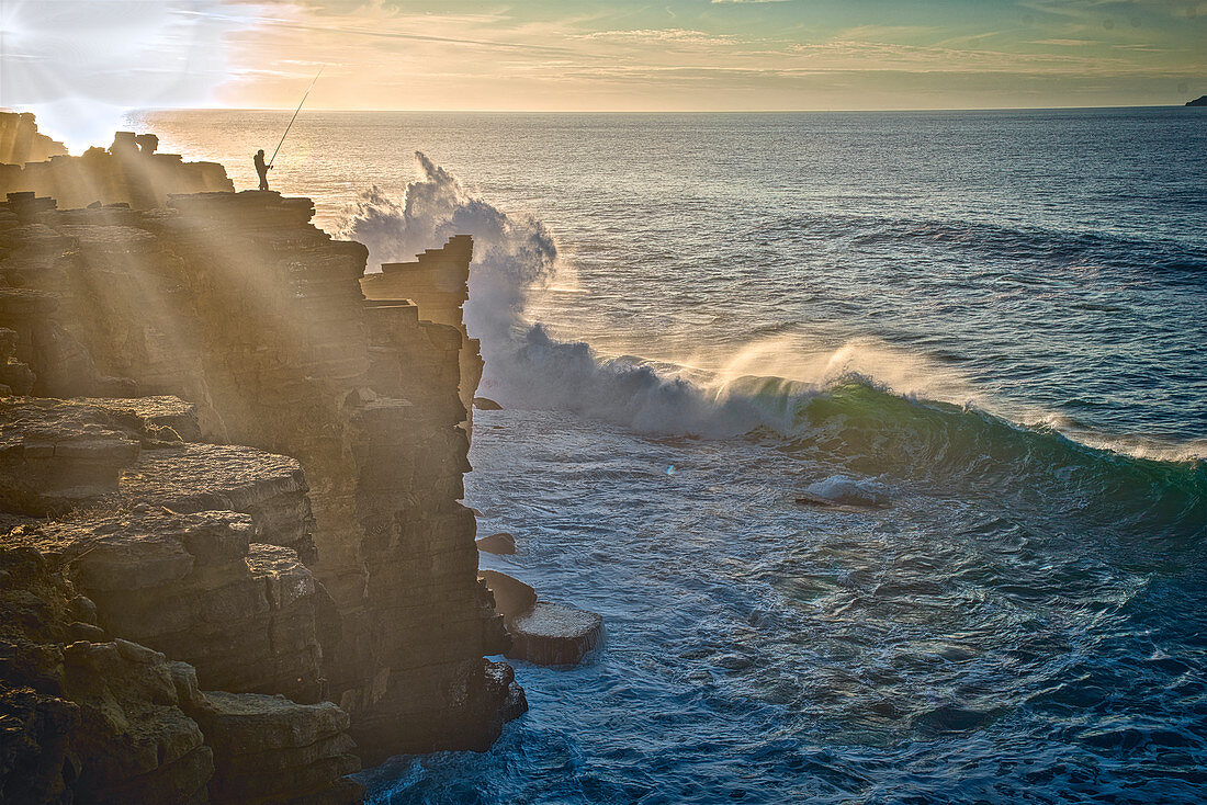 Anglers on cliffs and high surf at Peniche, Estremadura, Central Portugal, Portugal