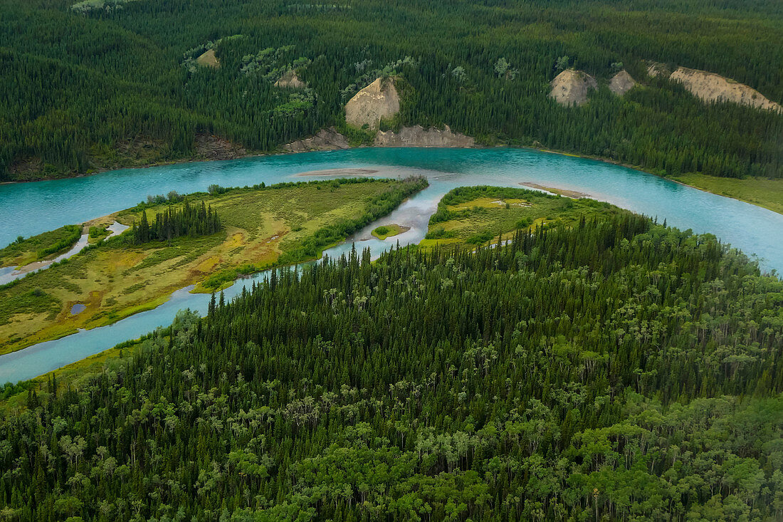 Flight over the Yukon River in summer, aerial view, Yukon, Canada