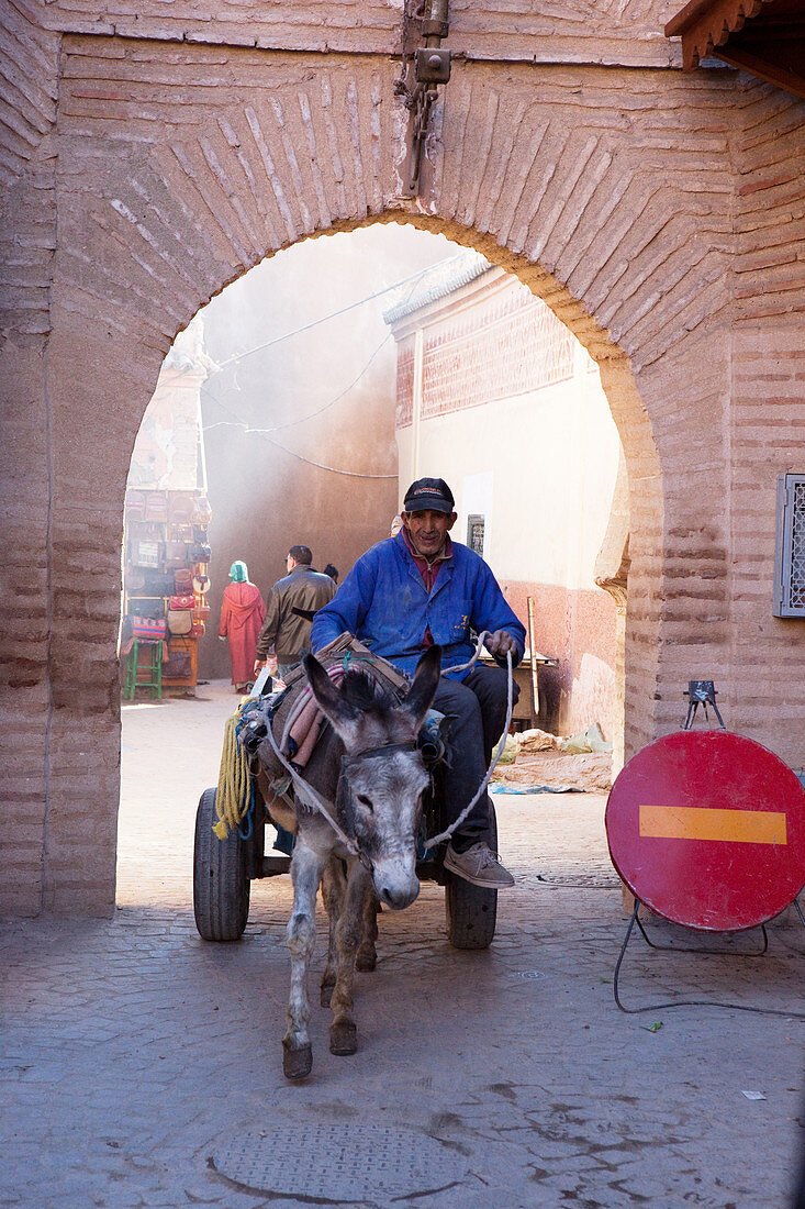Alter Mann mit seinem Esel und Karren in der Medina von Marrakesch, Marokko