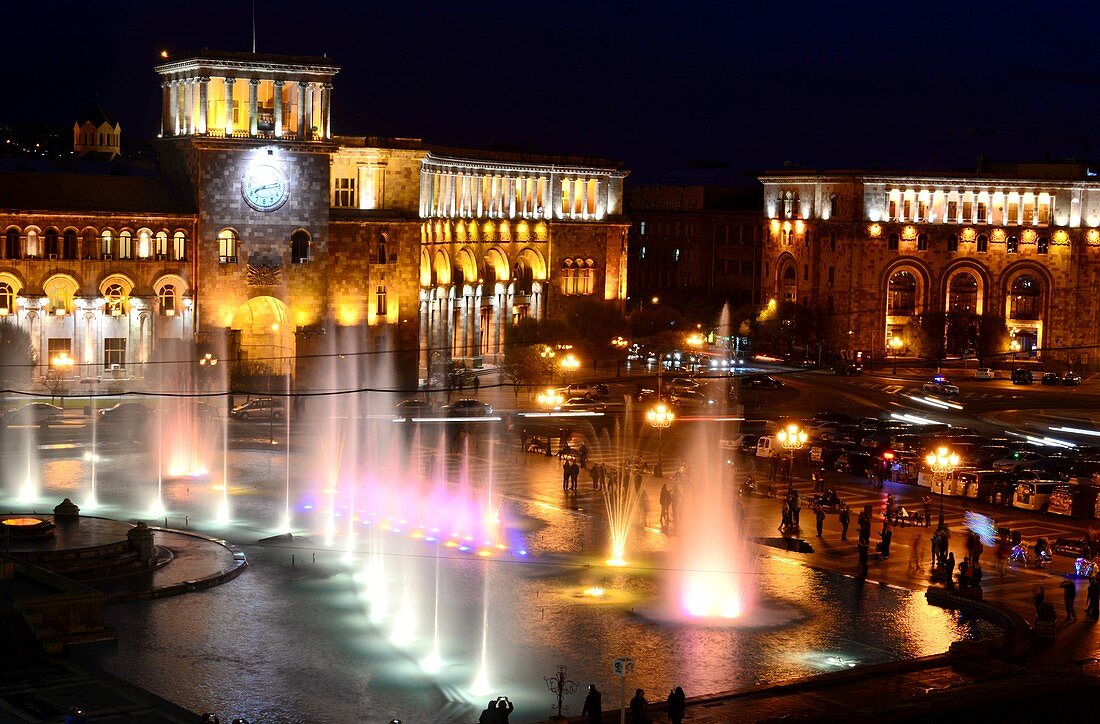 in the evening, daily water games with music at Republic Square, Yerevan, Armenia, Asia