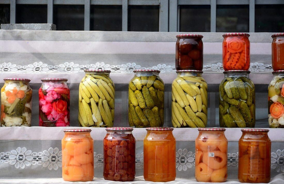 Pickled fruits for sale on the main street at Garni east of Yerevan, Armenia, Asia