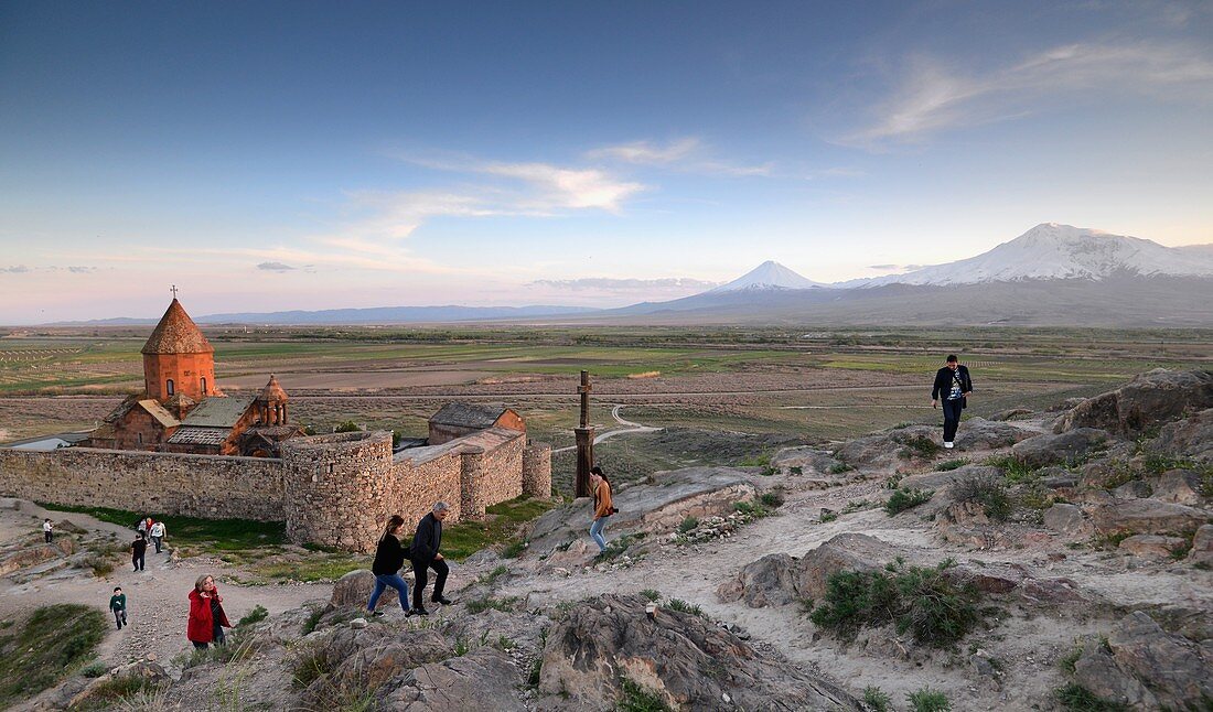 The Mother of the Mountains, Mount Ararat and Monastery Chor Wirap in the evening light, Armenia, Asia