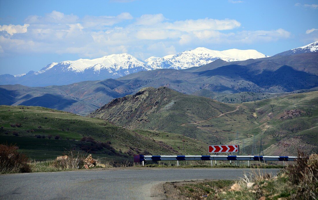 Landscape with a pass road on Highway M2 under the Worotan pass, Armenia, Asia