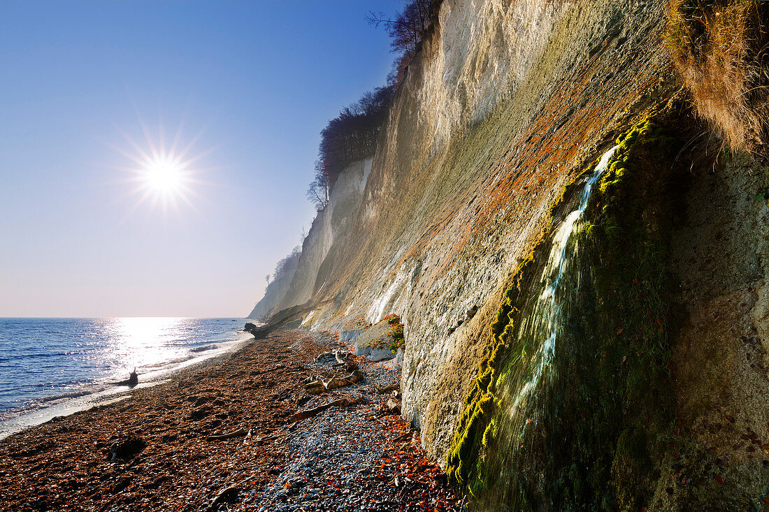 Small waterfall on the Kieler Ufer, chalk cliffs, Jasmund National Park, Rügen, Baltic Sea, Mecklenburg-Vorpommern, Germany