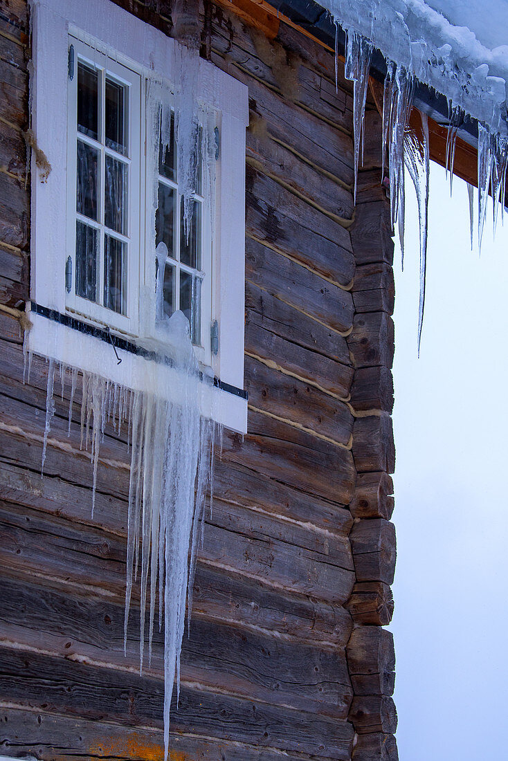 Fenster eines Holzhauses voller Eiszapfen, Heggenes im Winter, Norwegen