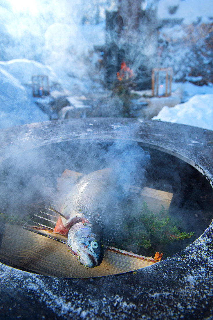 Frischer Fisch auf Grill im Winter, Heggenes, Norwegen