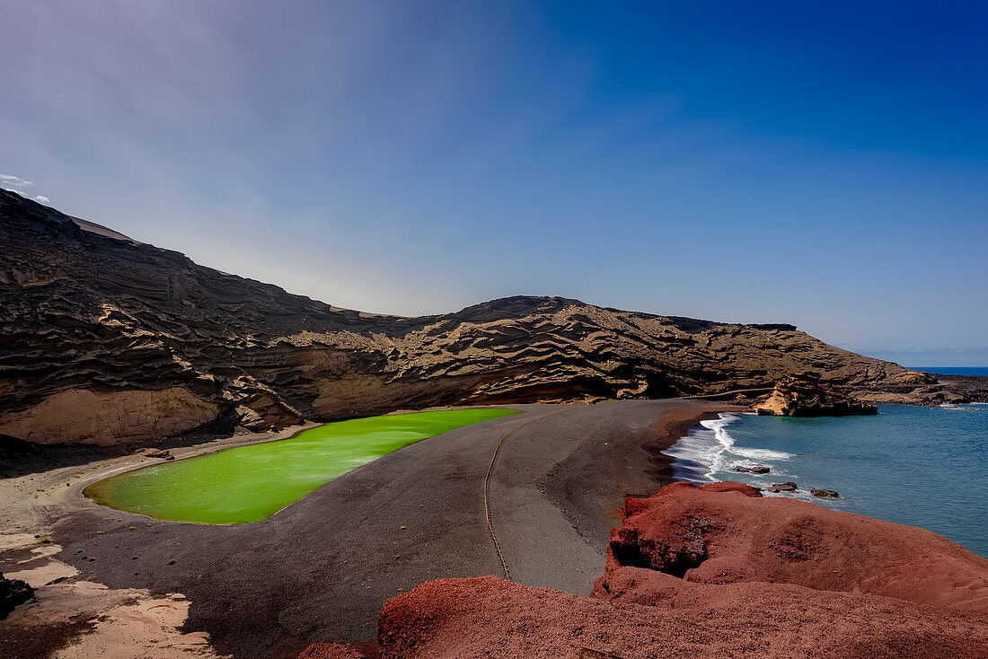 The green lagoon in El Golfo on the Canary island Lanzarote. El Golfo, Lanzarote, Canary Islands, Spain, Europe