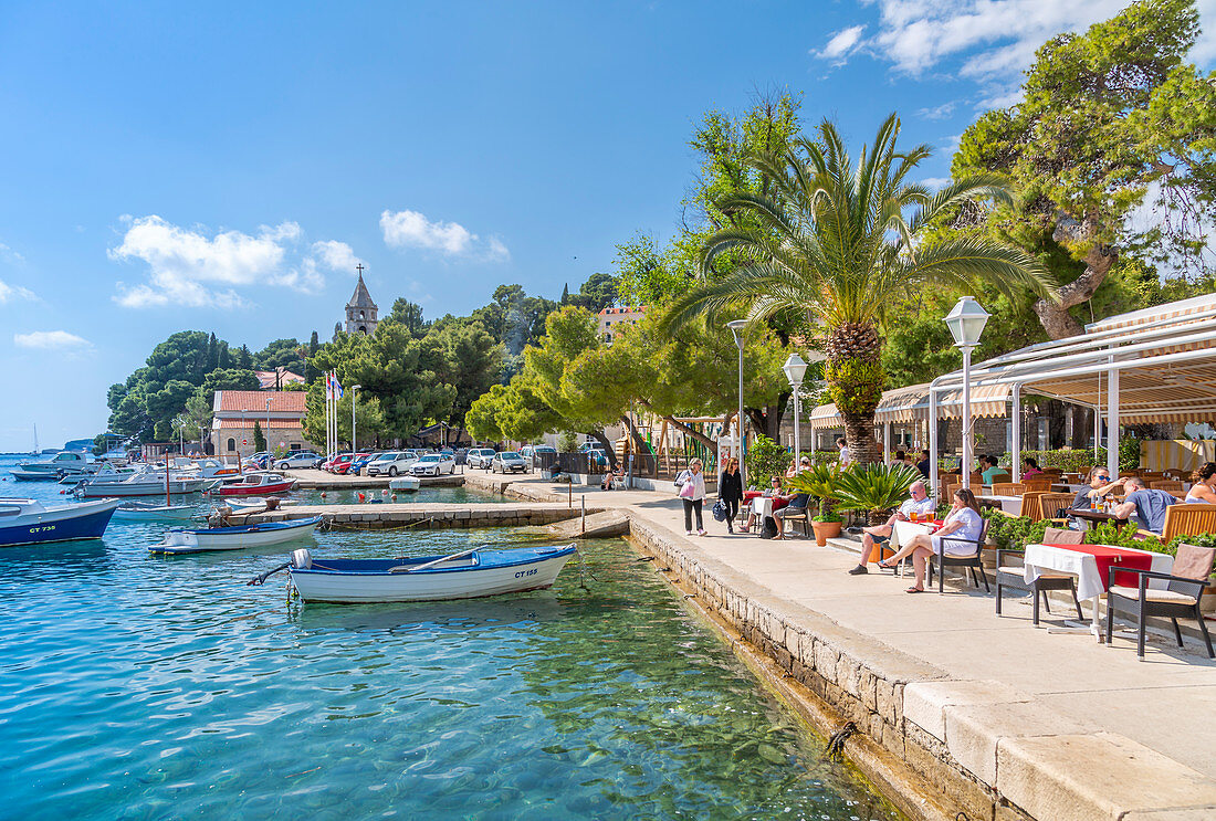 View of boats and old town restaurants in Cavtat on the Adriatic Sea, Cavtat, Dubrovnik Riviera, Croatia, Europe
