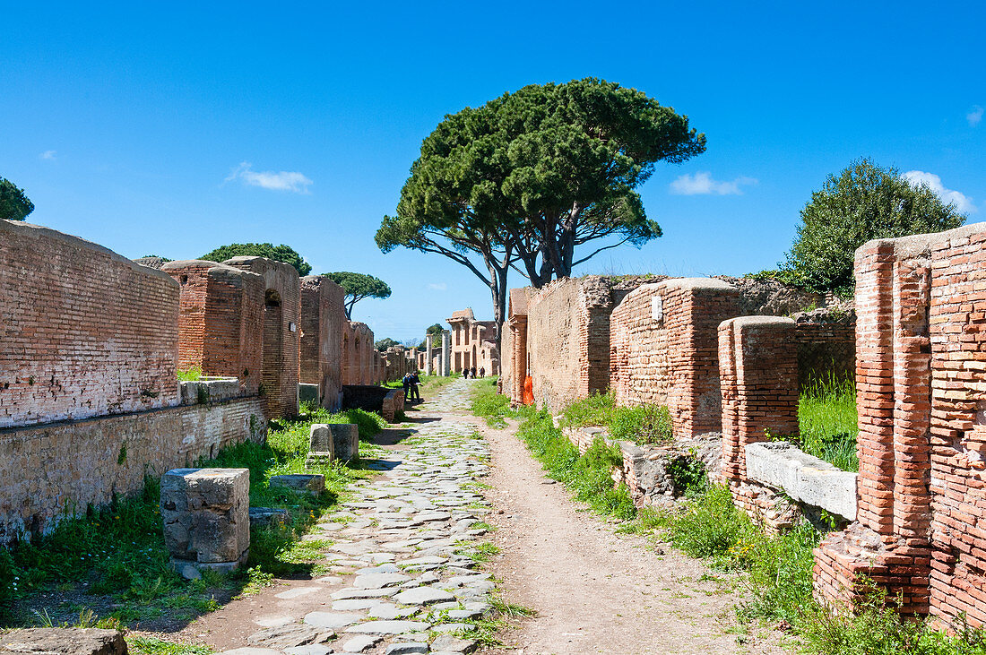 Decumanus Maximus, archäologische Ausgrabungstätte Ostia Antica, Provinz Ostia, Rom, Latium, Italien, Europa