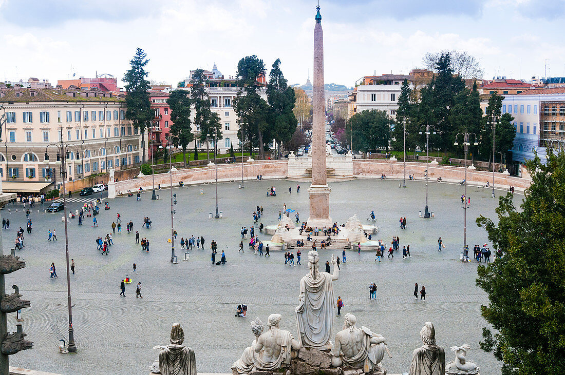 Piazza del Popolo, Egyptian obelisk and Four lions' fountain, Rome, Lazio, Italy, Europe