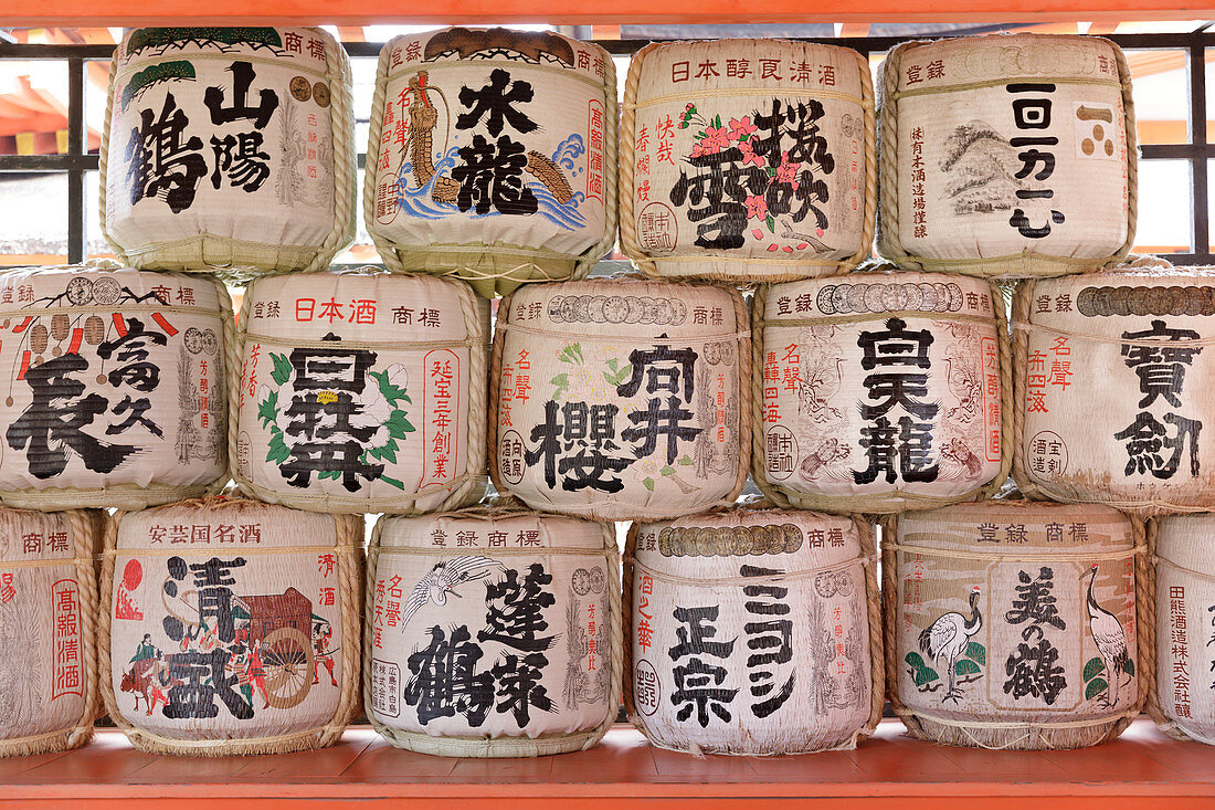 Sake barrels, Itsukushima Shrine, Miyajima, Hiroshima Prefecture, Japan, Asia