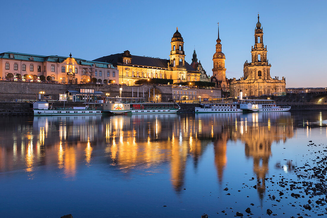 Elbe River with Staendehaus (House of Estates), Hofkirche Church, and Castle, Dresden, Saxony, Germany, Europe