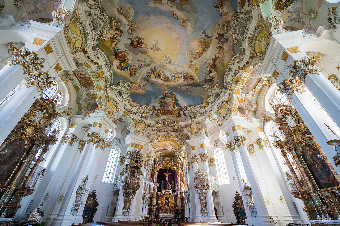 Rococo style paintings on the ceiling of the Pilgrimage Church of Wies, UNESCO World Heritage Site, Steingaden, Bavaria, Germany, Europe