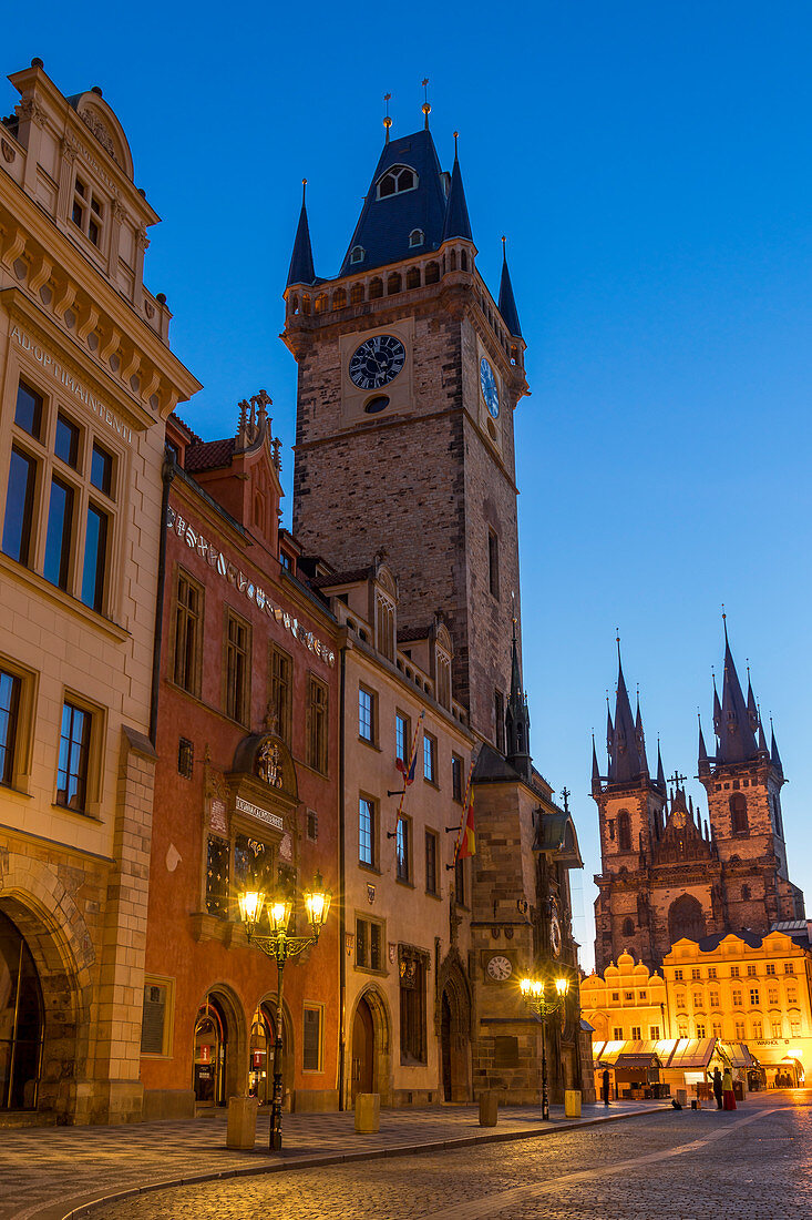 The old town hall and Our Lady before Tyn Church at dawn, UNESCO World Heritage Site, Prague, Bohemia, Czech Republic, Europe