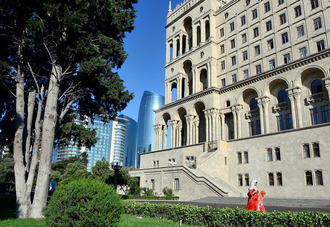 Government House Dom Soviet and glass high rises in the background in Baku, Caspian Sea, Azerbaijan, Asia
