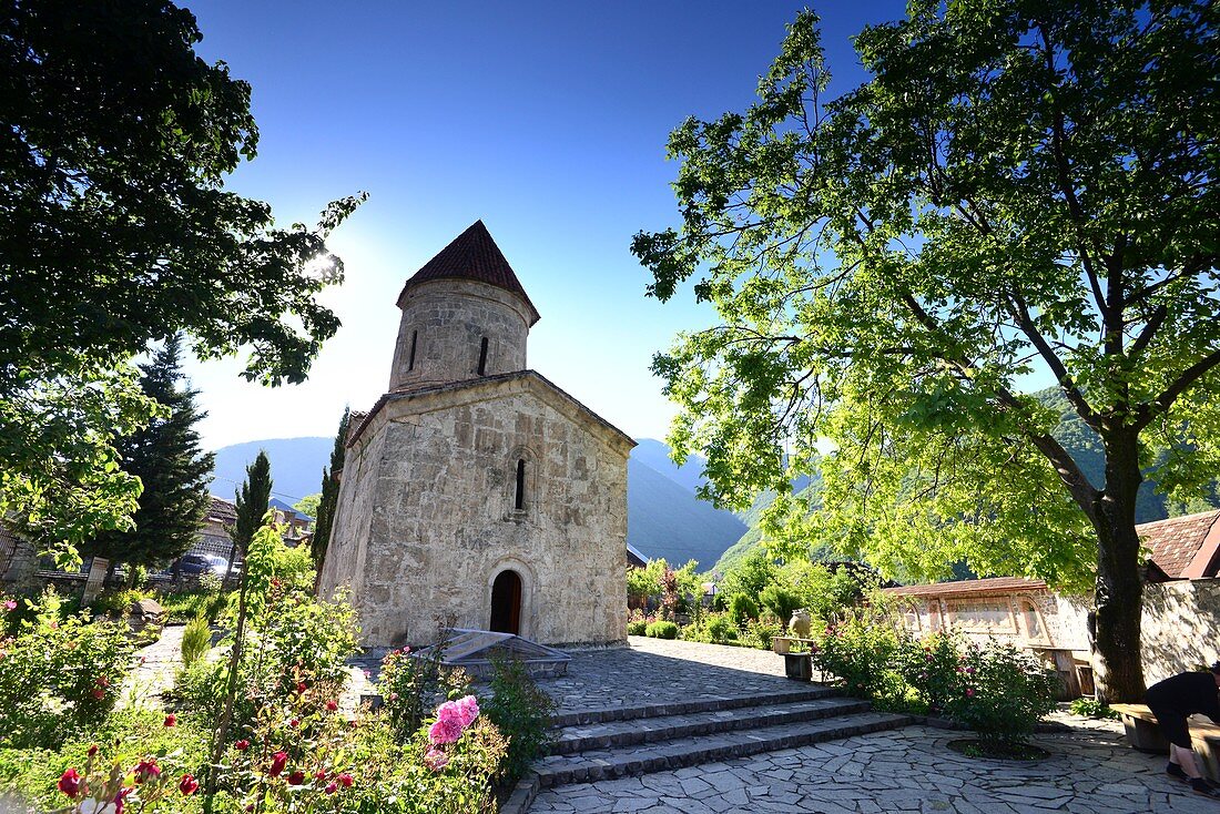 medieval Albanian church and garden in Kis at Shek, Caucasus, Azerbaijan, Asia