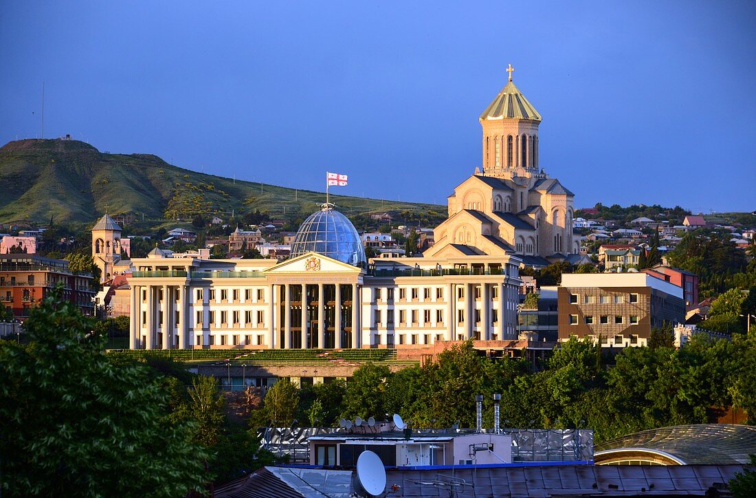 in the year 2010 built presidential palace and cathedral in the background in full illumination, Tbilisi, Georgia