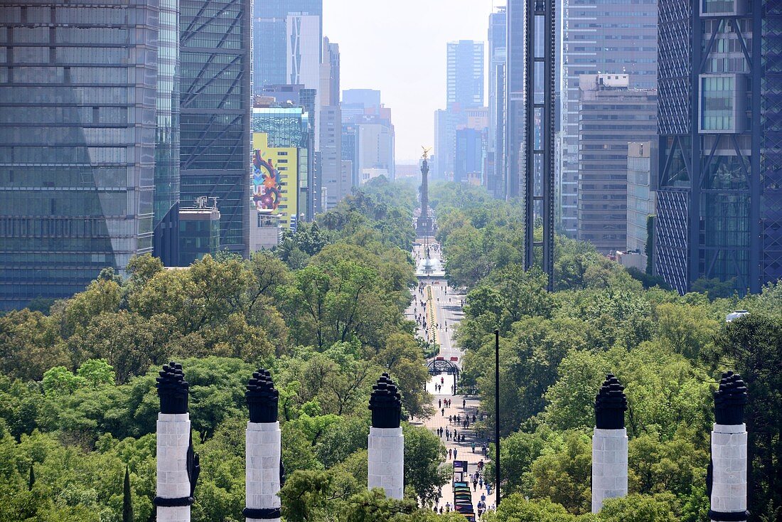 Street canyon and monument among skyscrapers, view from Chapultepec on the Paseo Reforma, Mexico City, Mexico