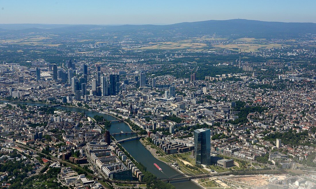 View to the city center with its skyscrapers and the River Main, below the building of the European Central Bank, approach to the airport, Frankfurt am Main, Hesse, Germany
