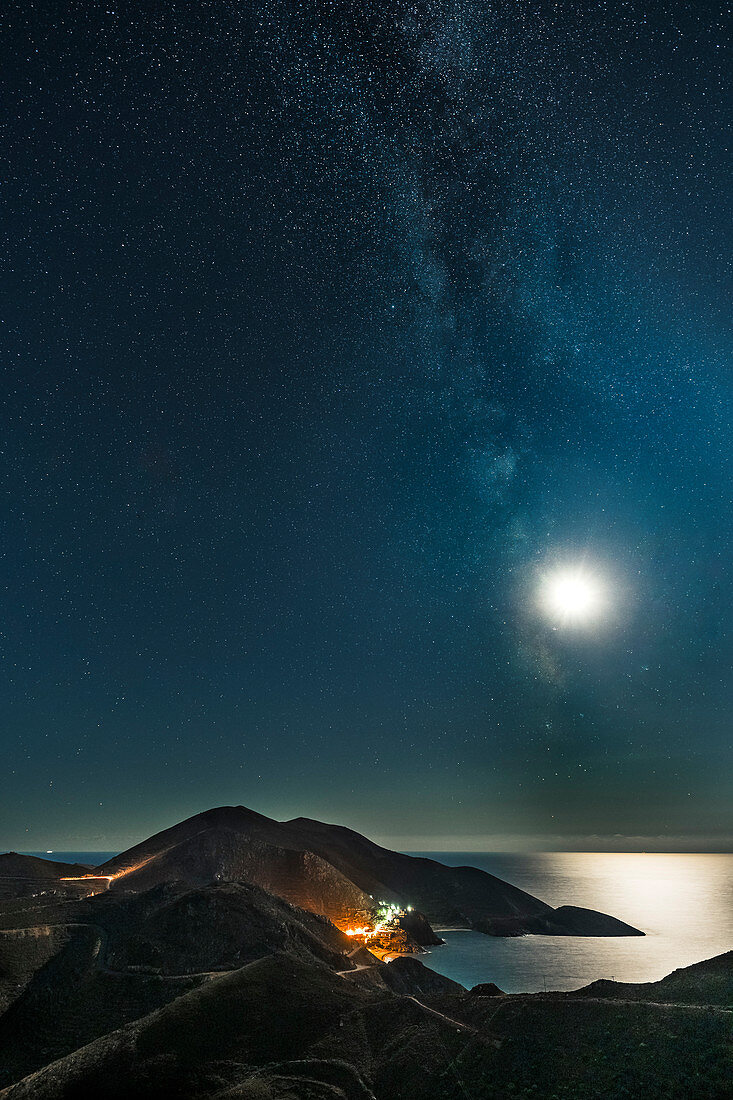 Moon and stars over the Mani peninsula, Peloponnese, Greece