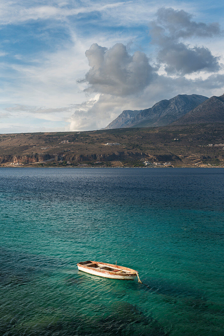 Boat in the bay of Limeni, Mani peninsula, Peloponnese, Greece