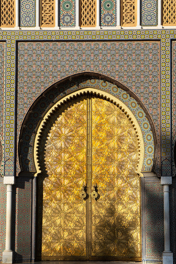 The imposing Moorish front gateway in the evening sun, of the Dar el-Makhzen (Royal Palace), New Fez, Morocco, North Africa, Africa