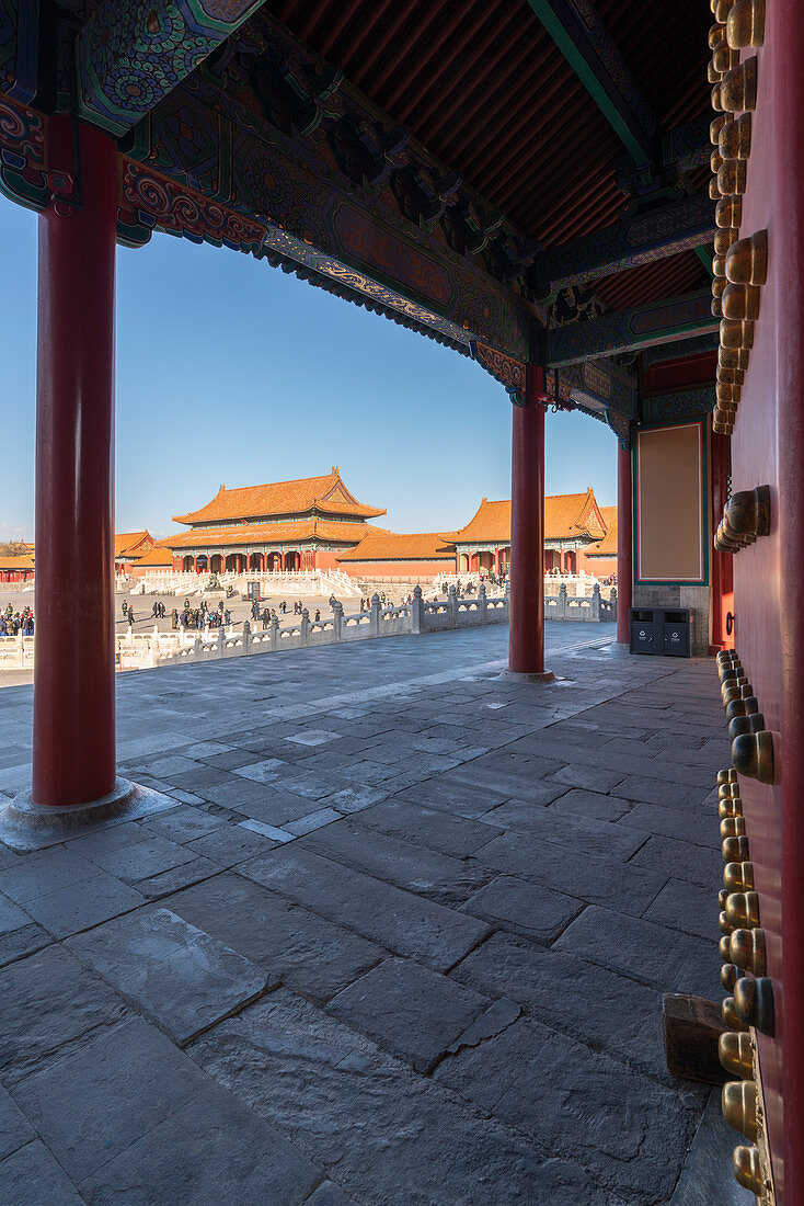 Stützpfeiler in der Verbotenen Stadt. Peking, Volksrepublik China