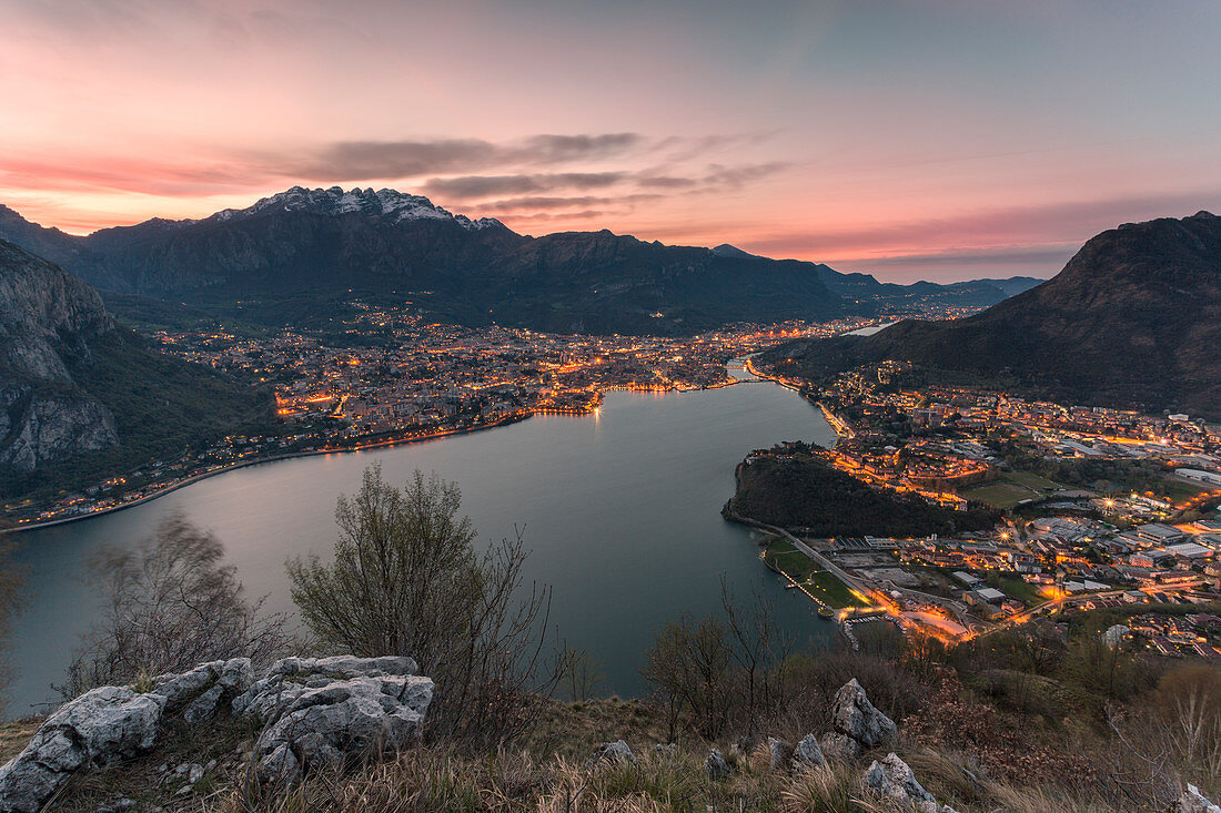 Overview of Lecco Lake from Sasso di Preguda at dawn with Resegone mount in the background,Valmadrera,Lecco province, Lombardy, italy