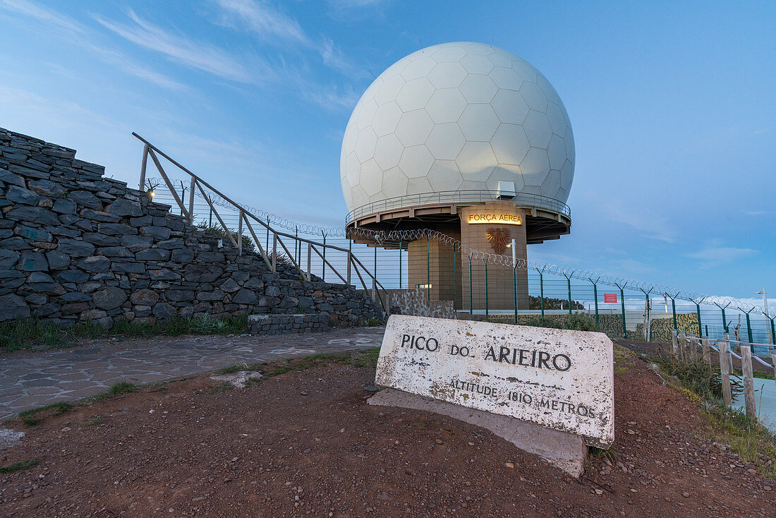 Observatory and signpost on the summit of Pico do Arieiro, Funchal, Madeira region, Portugal.