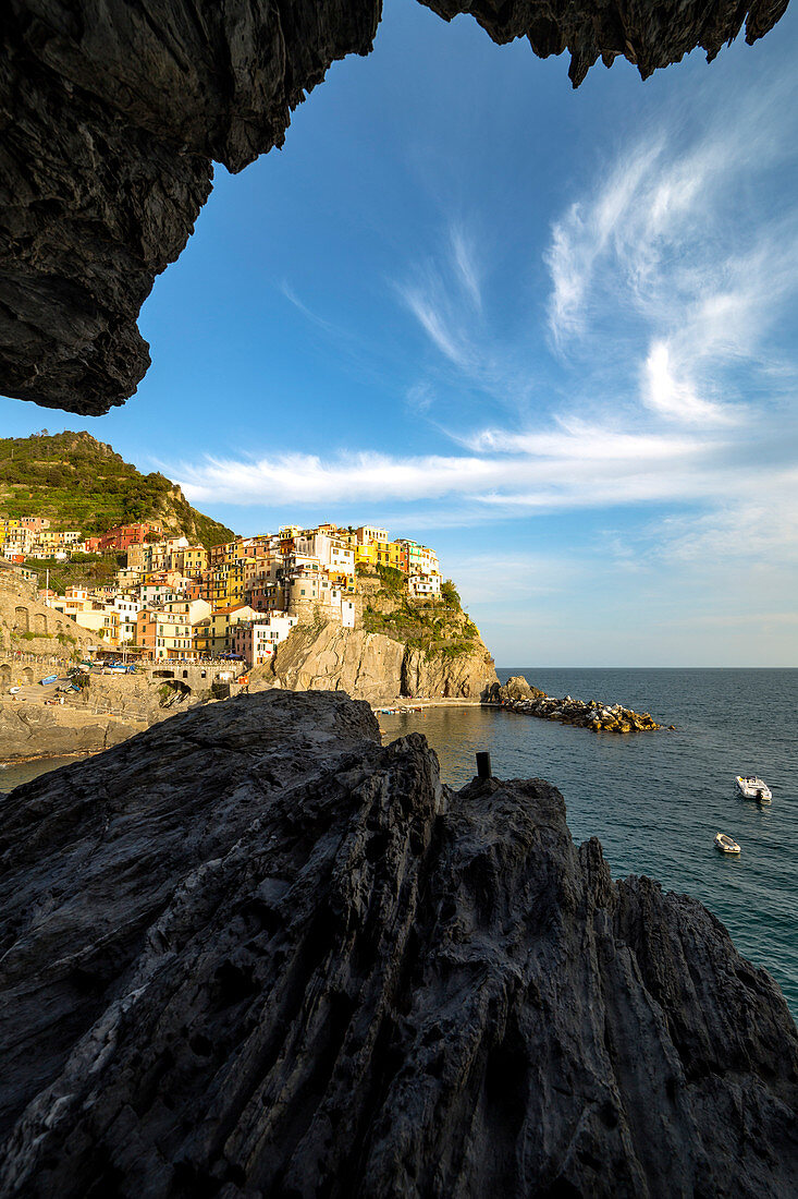 View of Manarola village from the cave, La Spezia district, Liguria, Italy