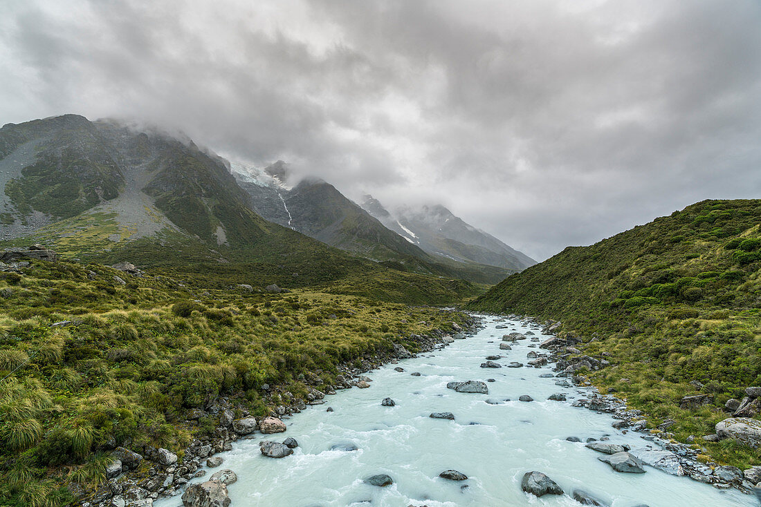 Hooker River. Hooker Valley, Mount Cook-Nationalpark, Mackenzie-Bezirk, Canterbury-Region, Südinsel, Neuseeland