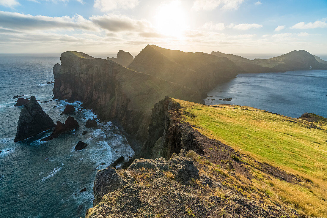 View of Point of St Lawrence and Furado Point in the morning. Canical, Machico district, Madeira region, Portugal.