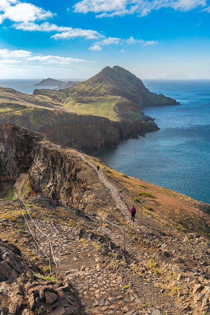 Woman walking on the trail to Point of Saint Lawrence. Canical, Machico district, Madeira region, Portugal.