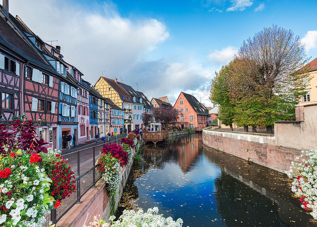Timbered Buildings reflecting in the Petite Venice canal Colmar, Alsace, France Europe