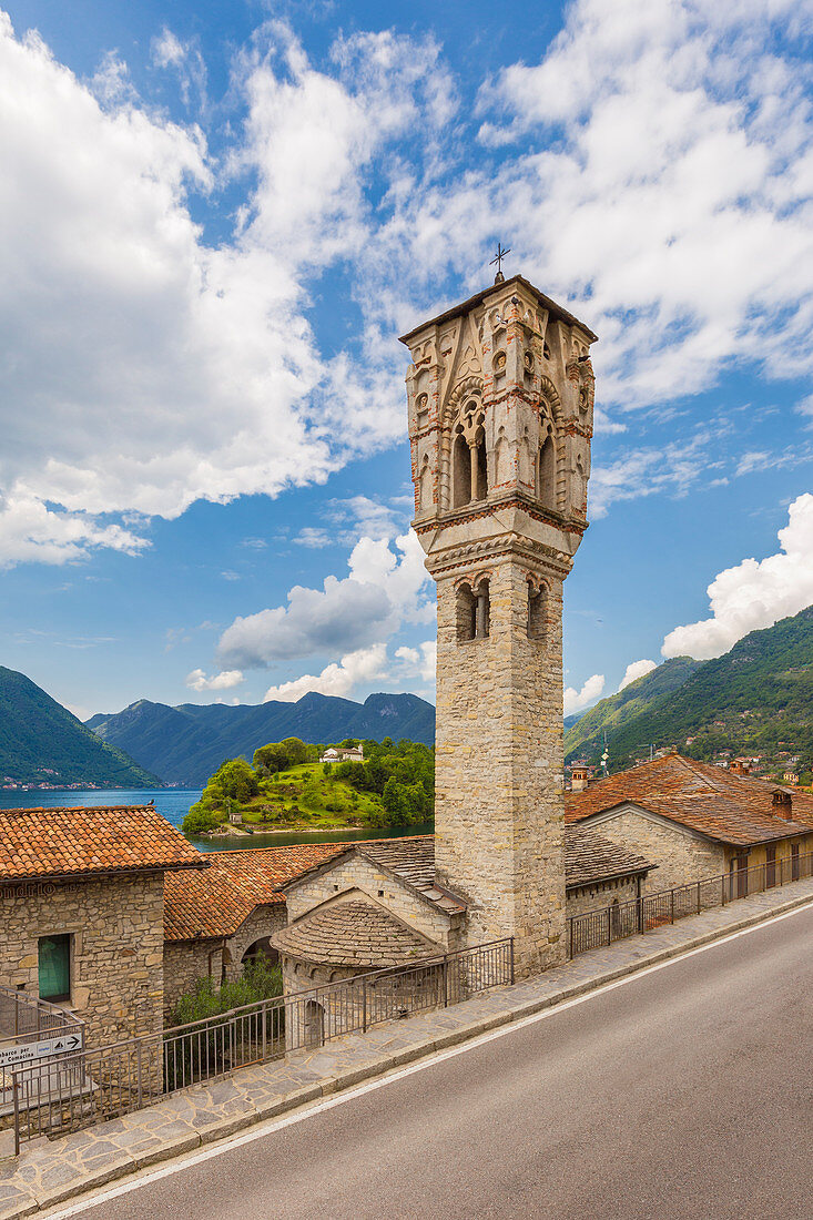 Ossuccio village with the Particular bell tower of Santa Maria Maddalena church, lake Como, Como province, Lombardy, Italy, Europe