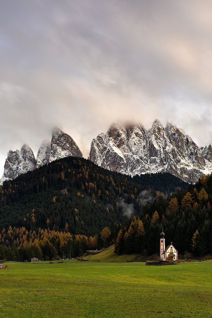 San Giovanni in Ranui church in Funes Valley, Bolzano province, Trentino Alto Adige district, Dolomites, South Tyrol, Italy, Europe.