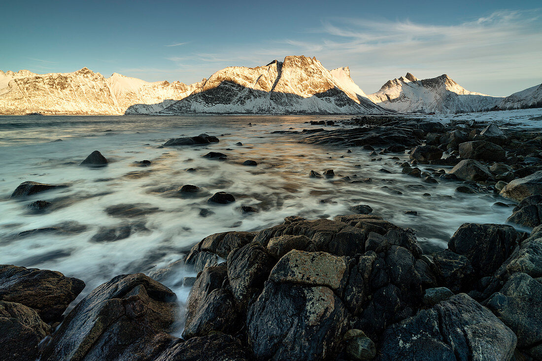 seascape with long exposure at sunset in Ersfjorden, Senja, Northern Norway, Europe.