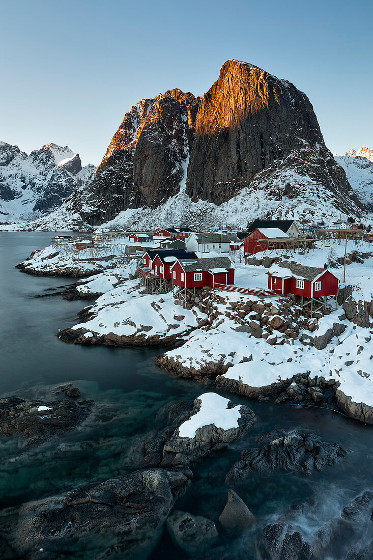 Beautiful and iconic Hamnoy village at sunset in winter day, Lofoten Islands, Northern Norway, Europe