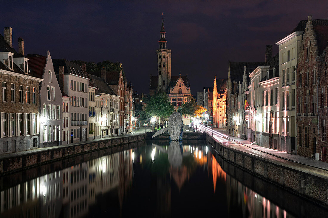 night view of the city center, municipality of Bruges, West Flanders, Belgium, Europe