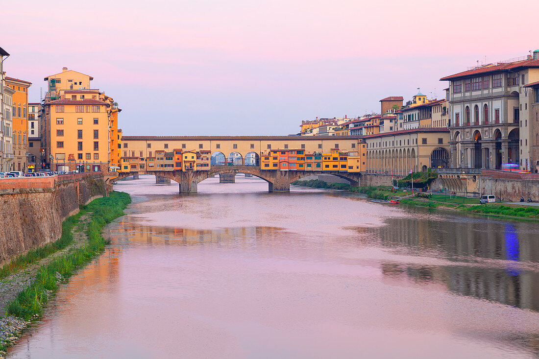 Ponte Vecchio (Old Bridge) and Arno River at dawn from Ponte alle Grazie, Florence, Tuscany, Italy